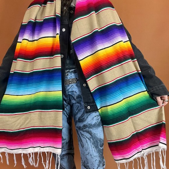 Serape Striped Oversized Scarf - Tan - Handmade - One Size - Picture 4 of 5